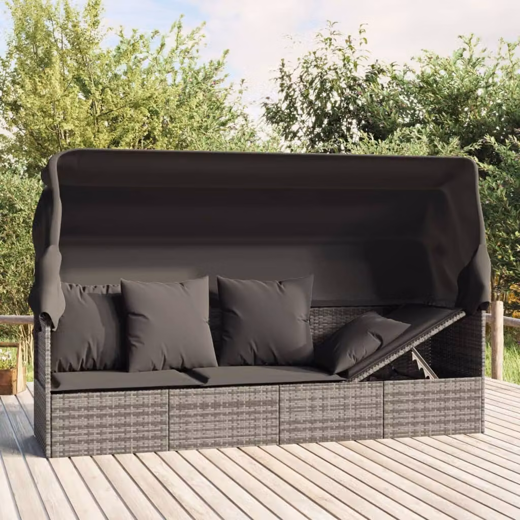 vidaXL Lettino Prendisole da Esterno in Polyrattan Grigio con Tetto e Cuscini