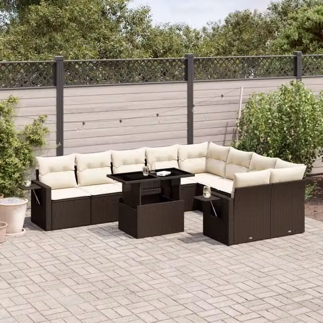 Set Divani da Giardino 10pz con Cuscini in Polyrattan Marrone 3268133