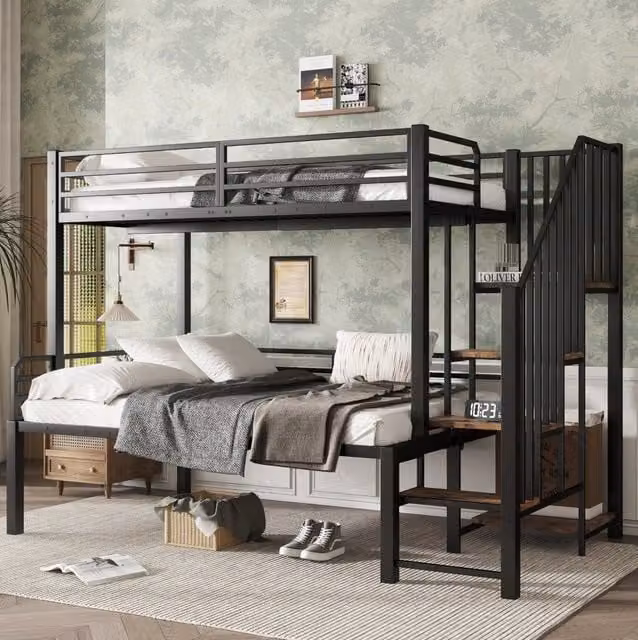 Letto a castello Beaok in metallo e MDF nero con scaletta ad angolo e contenitore L/P/H: 257 x 124 x 160 cm o 257 x 150 x 160 cm