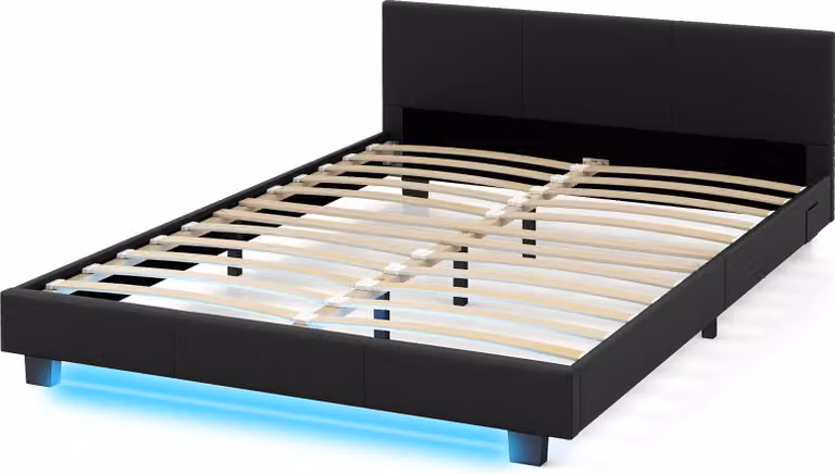 Letto imbottito COSTWAY 140x200cm con illuminazione a LED, struttura letto matrimoniale con rete a doghe e testata in Pelle finta, solo struttura letto nero