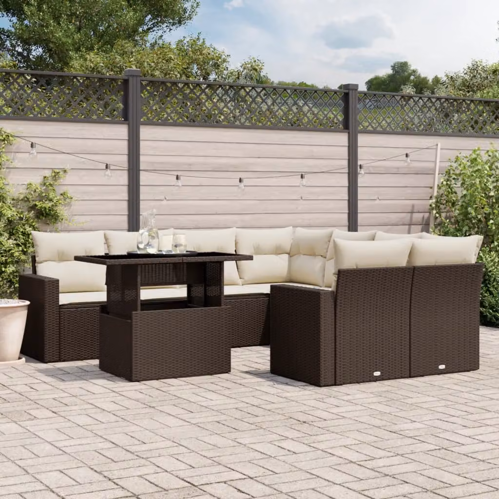 Set di divani da giardino vidaXL 9 pezzi con cuscini in rattan e metallo colore marrone e bianco per esterno e terrazza – 1