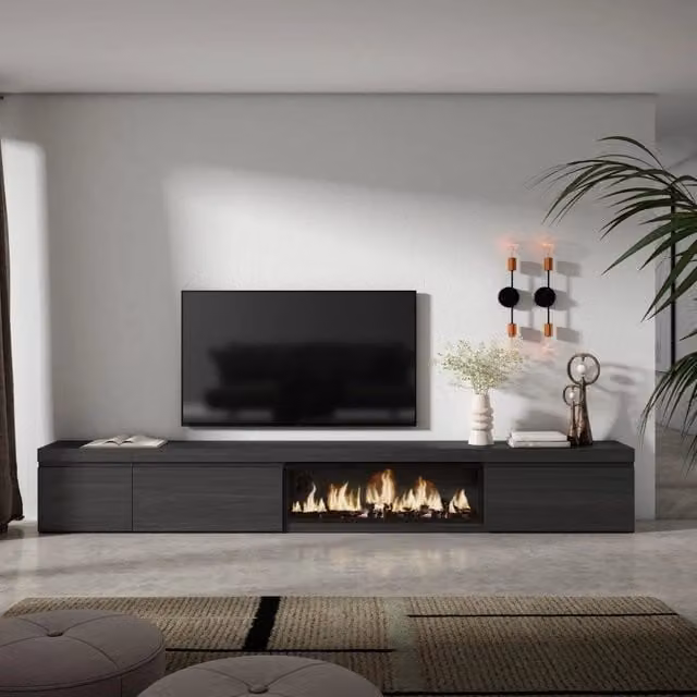 Mobile TV Soggiorno, 317x35x45cm, Camino elettrico XXL, Nero RF3672