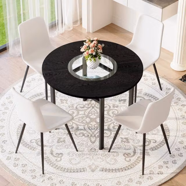 Set tavolo rotondo moderno, diametro 100 cm effetto legno nero, con 4 sedie bianche in PU e cuscino seduta ampio comfort, per soggiorno