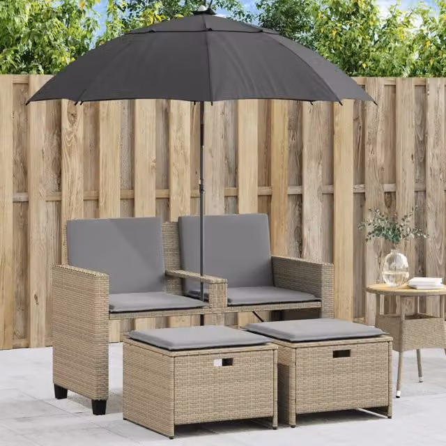 Divano Giardino 2 Posti-Sofa da Giardino-Divanetto da esterno Ombrellone e Sgabelli Beige Polyrattan 477963