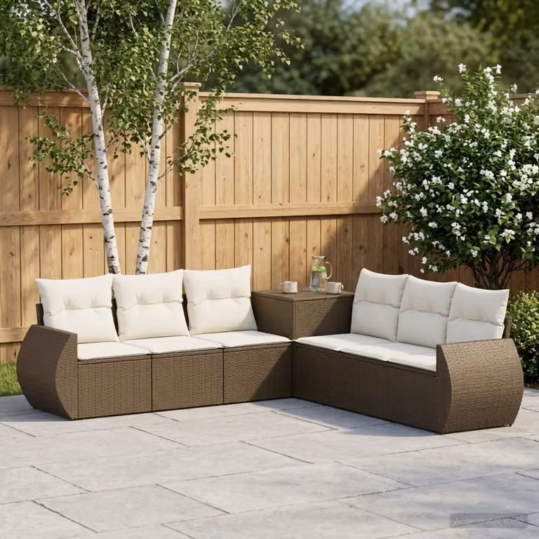Set di divani da giardino vidaXL a forma di L con 7 pezzi, colore marrone e bianco crema, struttura in metallo e cuscini inclusi