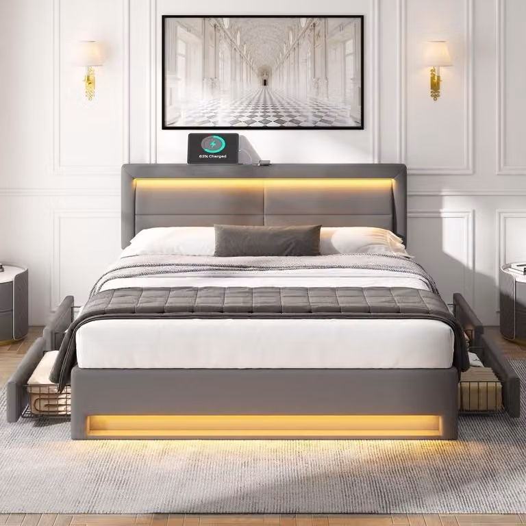 Letto imbottito 140x200 cm, grigio, realizzato in poliuretano, con porta USB, illuminazione LED e 4 cassetti, ideale per la camera da letto
