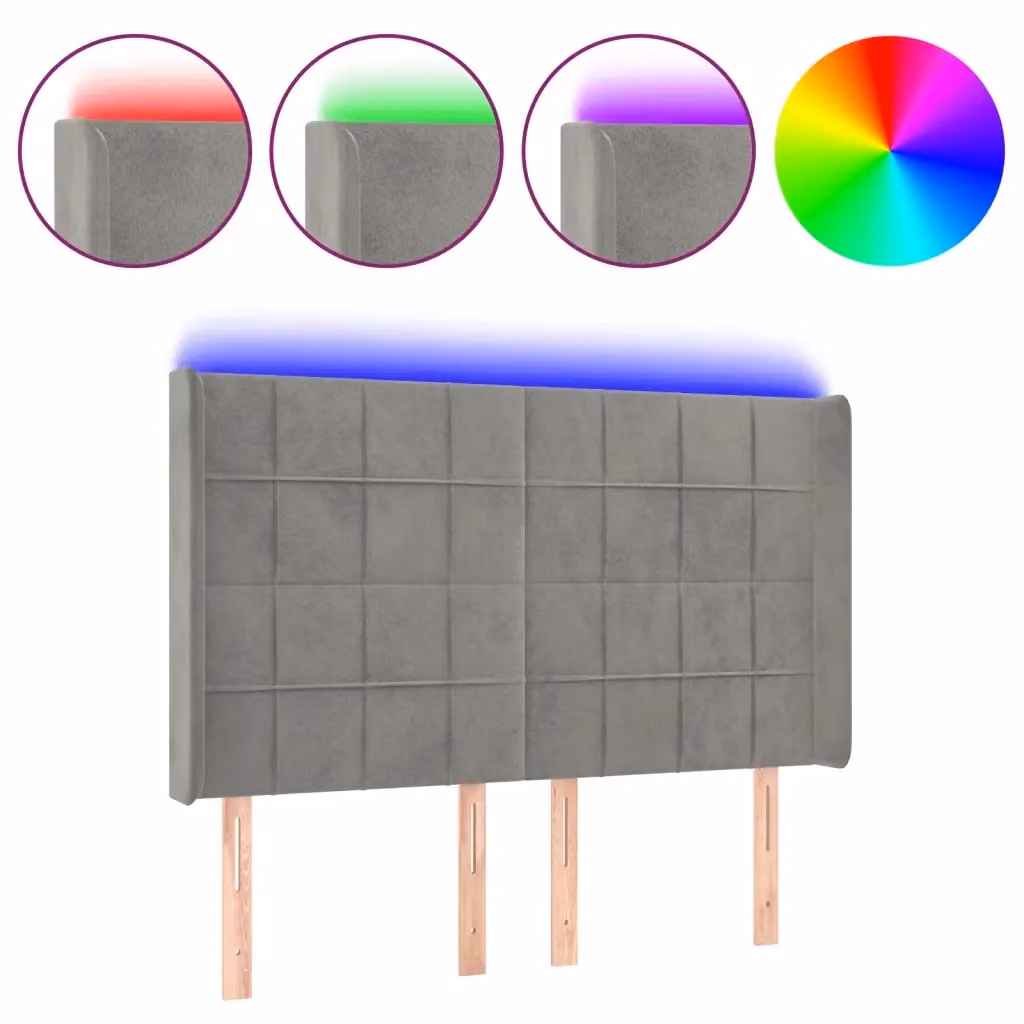 vidaXL Testiera con LED e porta USB in velluto grigio, L 147 x P 16 x H 118/128 cm – 2