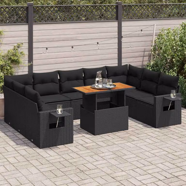 Set di divani da giardino vidaXL a forma di U in polyrattan nero con cuscini e tavolino da esterno