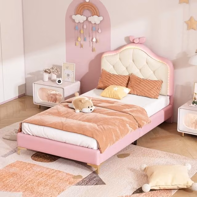 Letto Imbottito REDOM per Bambini in Ecopelle Bianco e Rosa con Testiera Ondulata e Illuminazione LED L/P: 90 x 200 cm