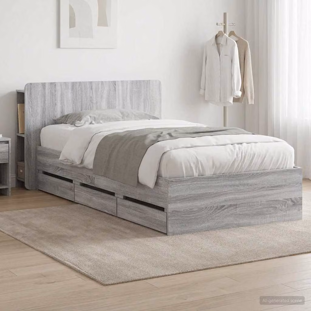 Struttura letto con contenitore e testata vidaXL in legno Sonoma grigio, L/P/H: 140 x 190 x 119,5 cm
