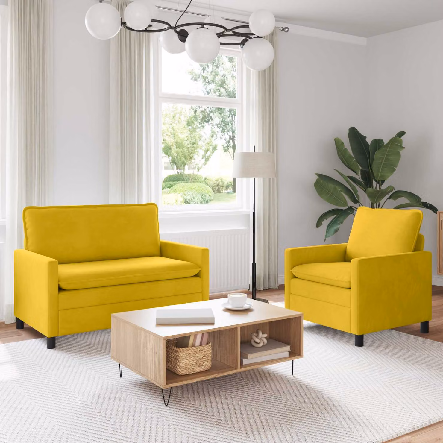 Set di 2 divani moderni vidaXL in velluto giallo e nero con struttura in metallo e cuscini inclusi