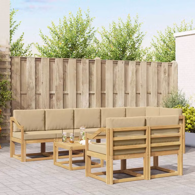 Set di divani da esterno vidaXL a forma di L con tavolo da caffè, 9 pezzi, in legno di acacia e tessuto bianco, beige e marrone