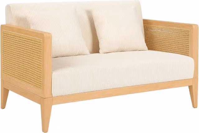 Artena Duo - Divano 2 Posti 143x80x84,5 cm Divanetto in Legno Massello e Polyrattan Rovere con Cuscini Bianco