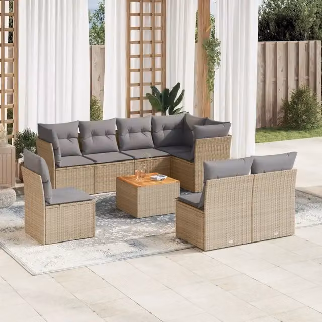 Set Divano da Giardino vidaXL in Polyrattan con Cuscini Beige e Grigio, 9 Pezzi con Tavolino da Caffè e Elementi Angolari – 1