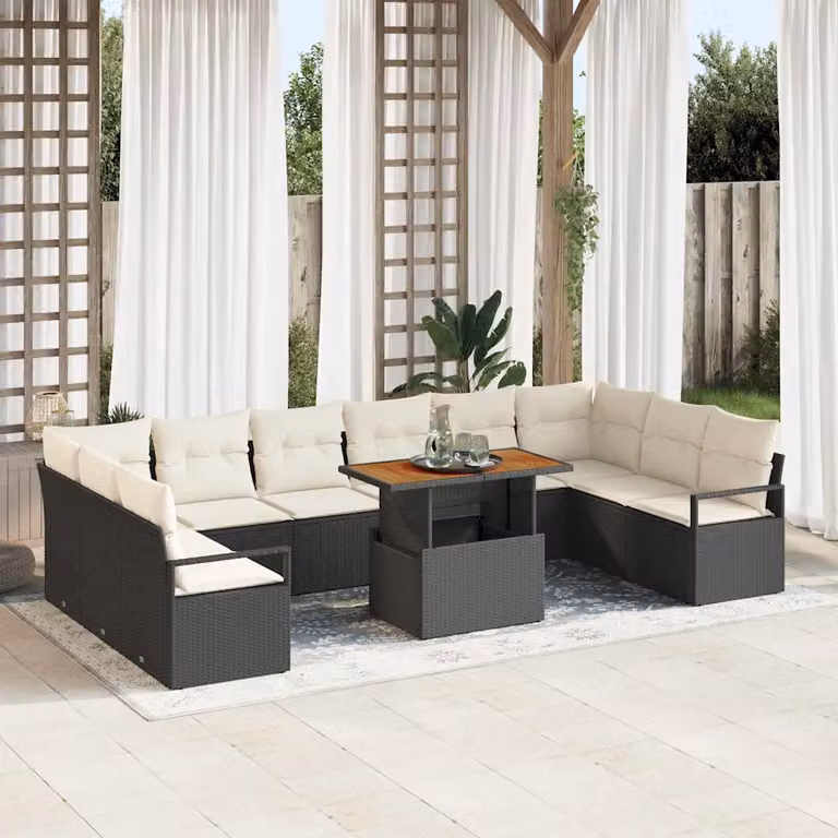 Set Divano da Giardino vidaXL a forma a U con 11 pezzi, Nero e Beige