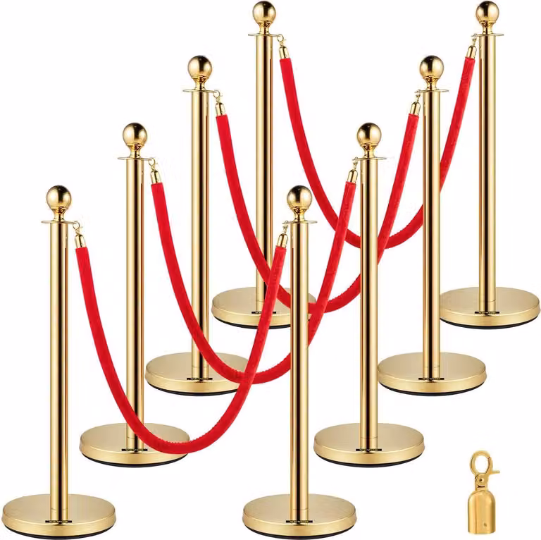 Set di 8 pali di delimitazione, set di pali con corda in velluto rosso da 1,5 m, barriera di delimitazione dorata con robusta base in cemento e metallo – Facile da montare