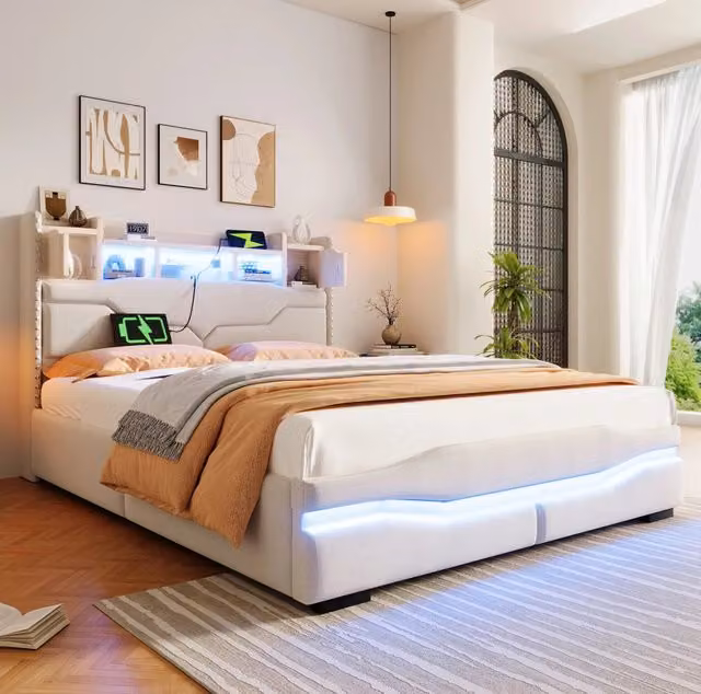 Letto contenitore 140x200 cm; idraulico con LED; lino; beige (Senza materasso)