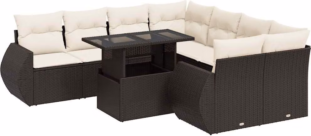 Set Divani da Giardino 9pz con Cuscini Marrone in Polyrattan