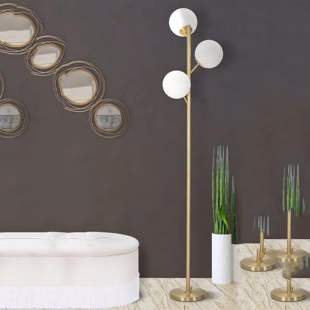 Kisoro, Lampada da Terra Moderna in Metallo e Vetro, Bianco e Oro, Altezza: 190 cm