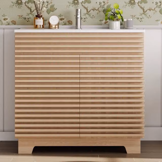 Mobile sottolavabo con lavabo integrato, 2 ante ammortizzate e ripiani regolabili, in MDF naturale, 91 × 46 × 80 cm