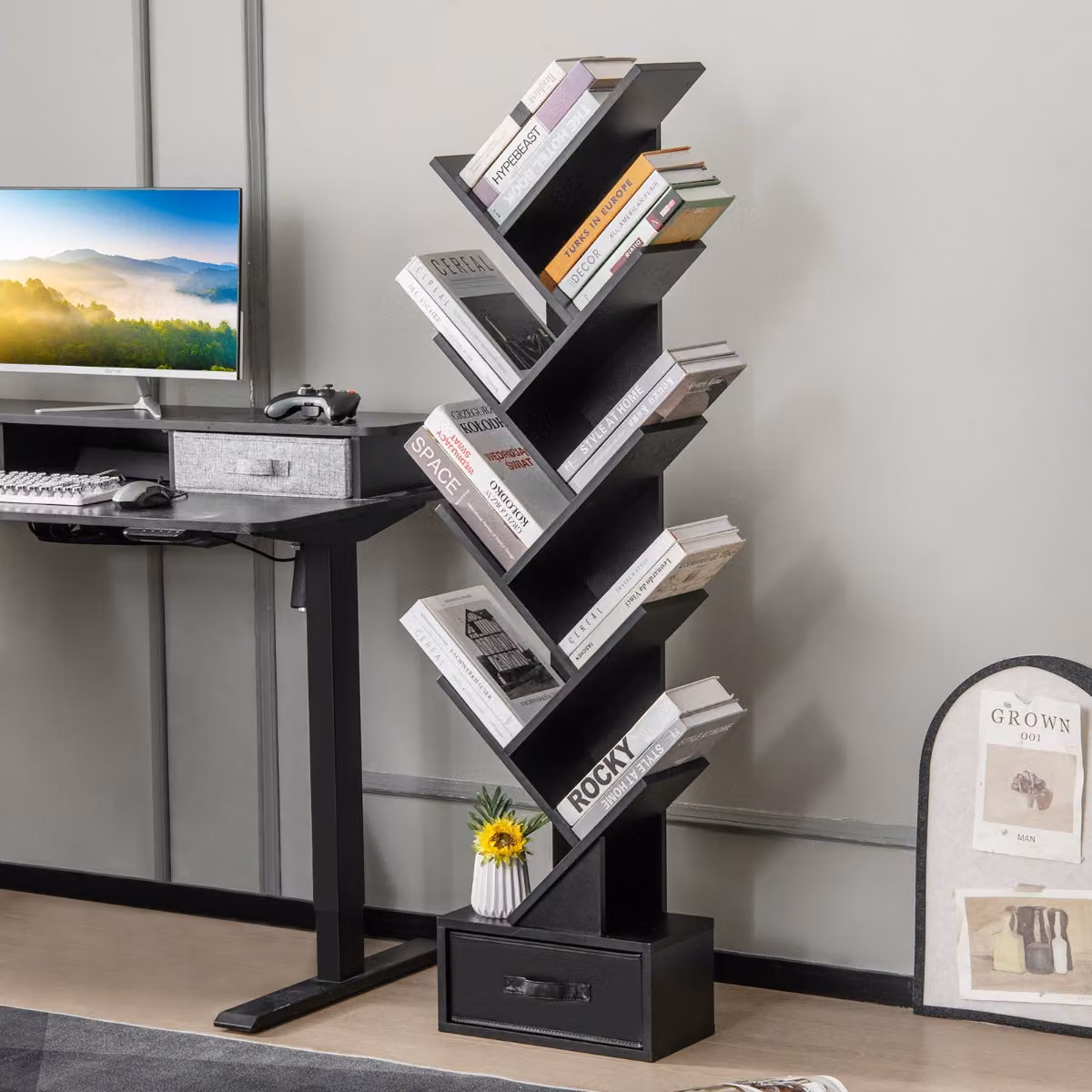 Scaffale ad albero Costway con 10 ripiani e cassetto, mobile da terra moderno per camera da letto, soggiorno e ufficio, Nero