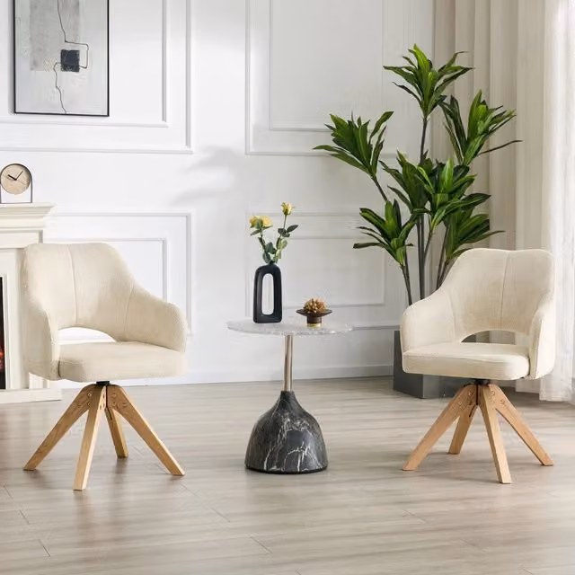 Set da 2 sedie da pranzo OKWISH girevoli a 360 gradi in tessuto beige e legno massello in stile scandinavo