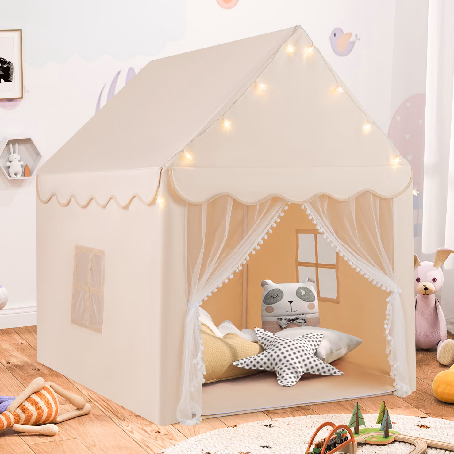 Tenda da gioco a castello per bambini Costway con tappetino lavabile e luci a stella, Beige