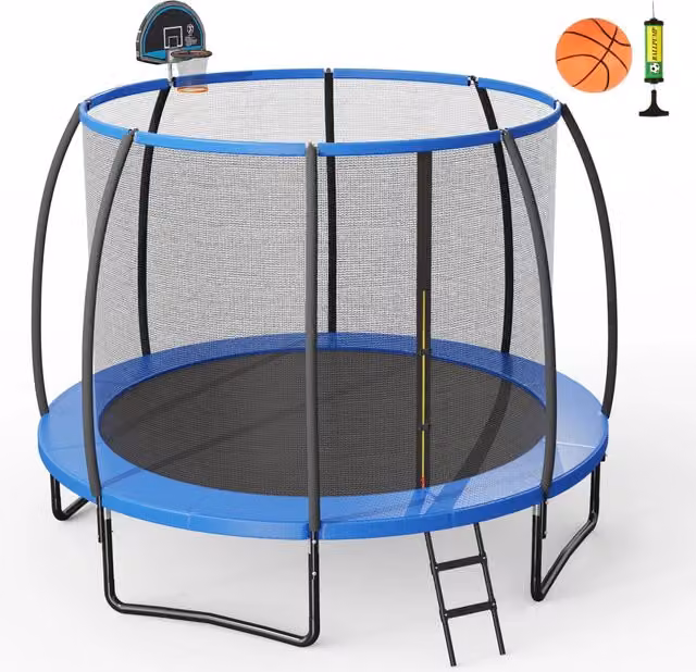 Tappeto elastico da esterno con anello da basket rete cuscinetto di sicurezza, Trampolino da esterno palla da basket e pompa incluse