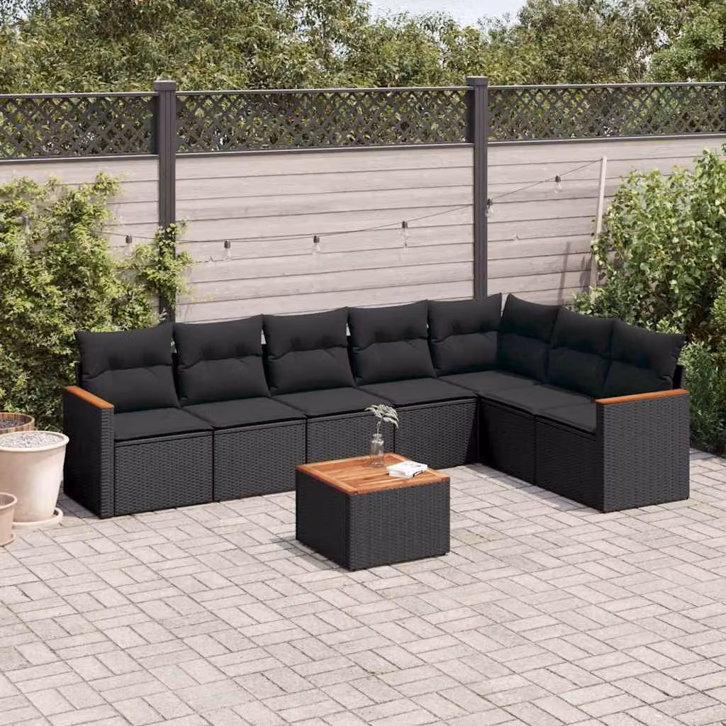 vidaXL Set Divani da Giardino a L con Cuscini 8 pz Nero in Polyrattan e Acciaio – 1