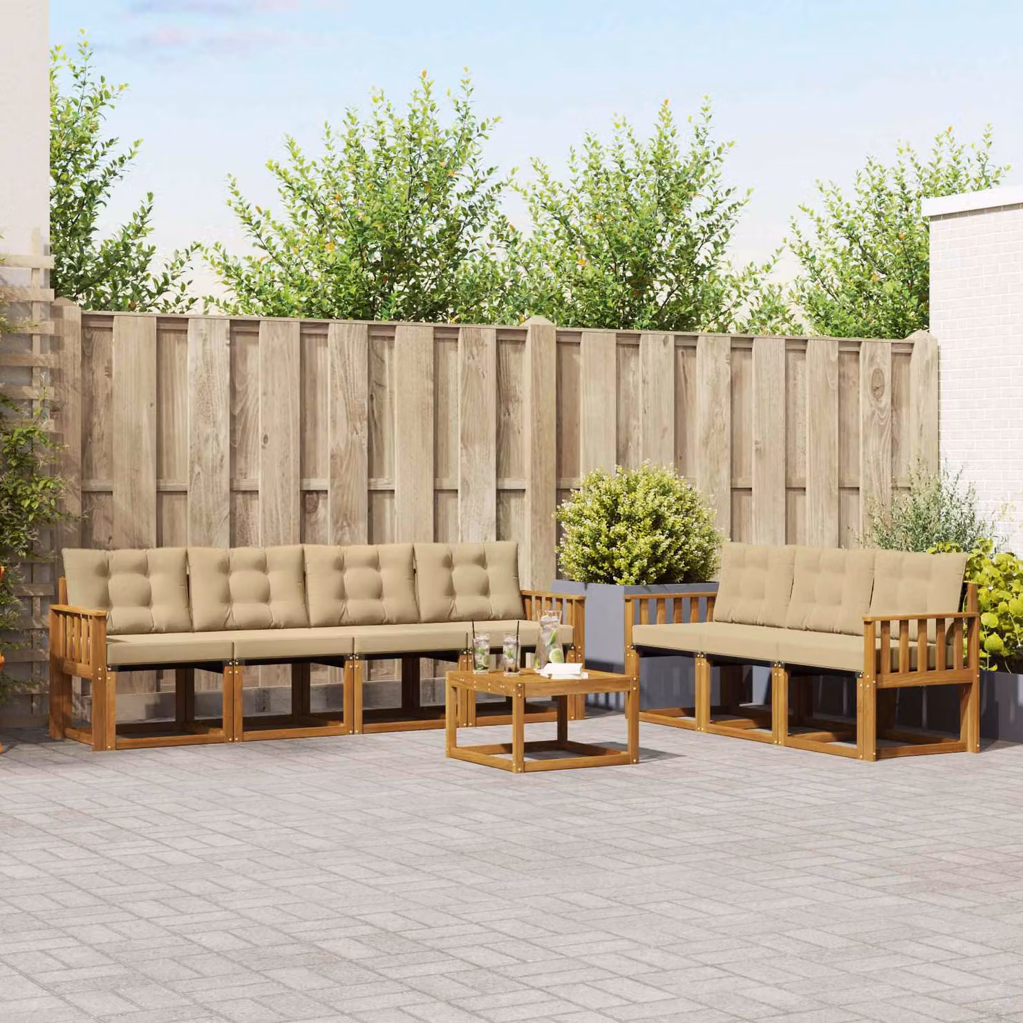Set di divani da esterno vidaXL 8 pezzi in legno di acacia e textilene, colore marrone e beige, con tavolo da caffè e cuscini inclusi