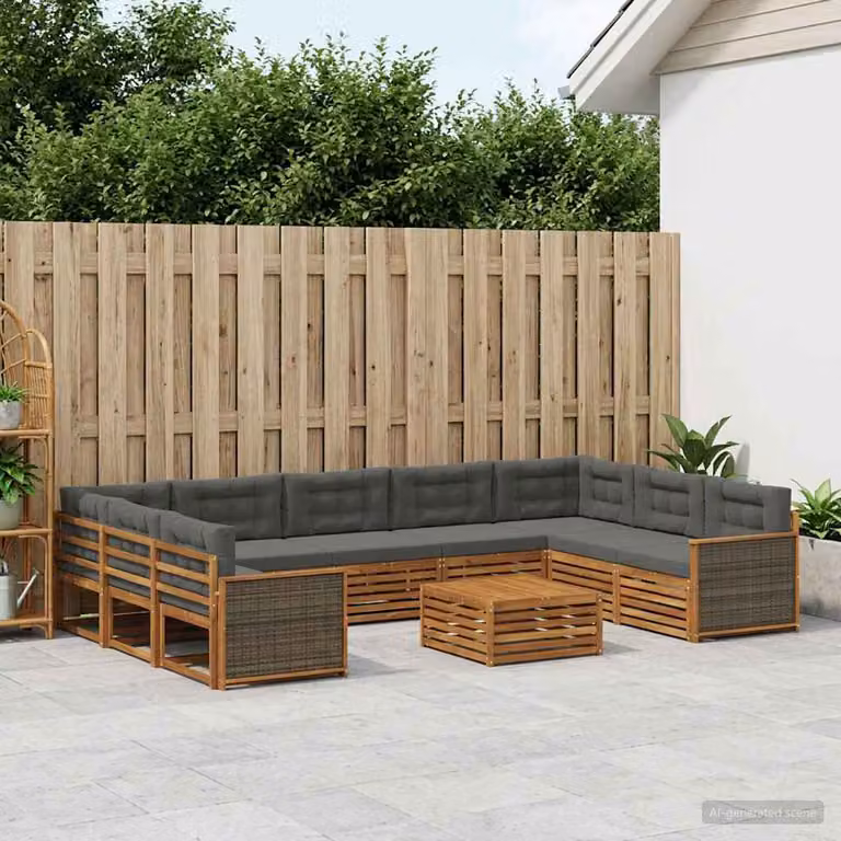 vidaXL Set di divani da esterno a L in legno di acacia con cuscini, 10 pezzi, Beige, Antracite e Marrone