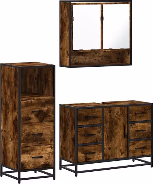 Set Mobili da Bagno Industrial in Legno e Metallo Marrone con Specchio LED e Armadietto a 3 Pezzi
