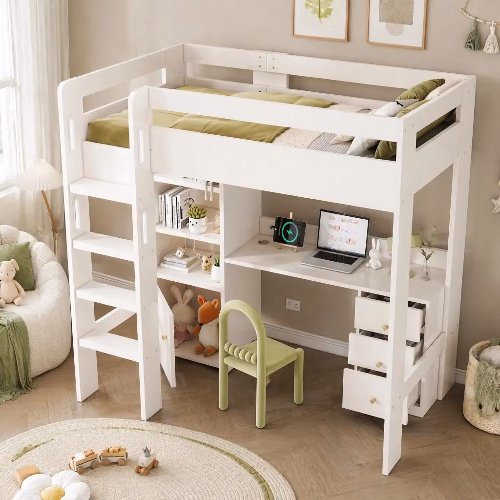 Letto a castello moderno REDOM per bambini con scrivania, porte USB/Type-C, armadi e cassetti, bianco, L/P/H: 200 x 90 x 206 cm – 2