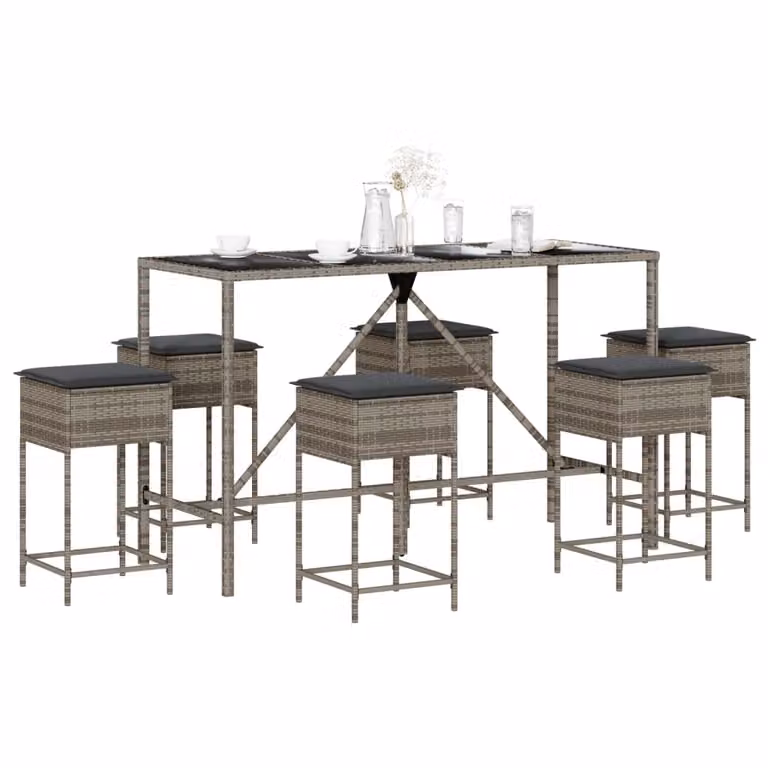 Set Bar da Giardino vidaXL in Polyrattan Grigio e Nero con 7 Pezzi e Cuscini