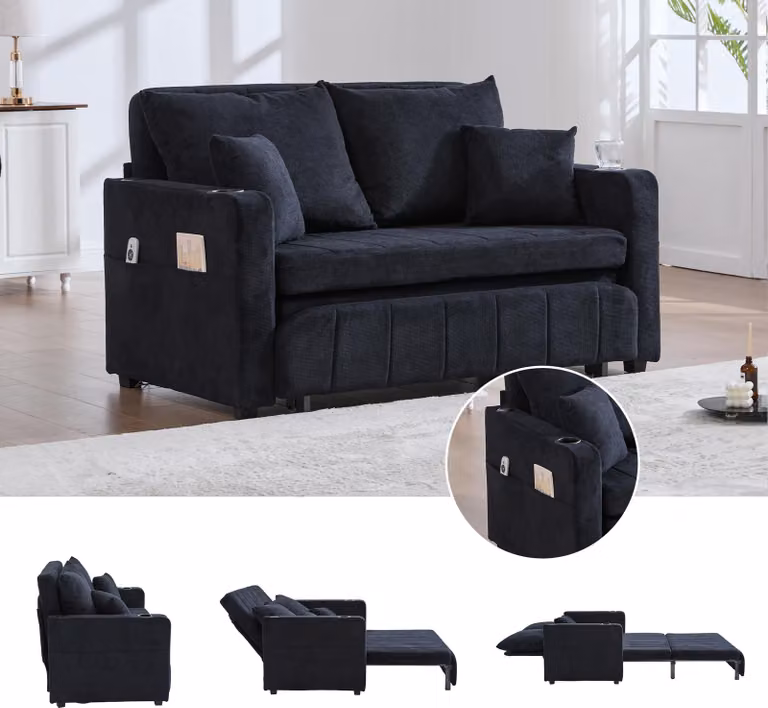 Divano a due posti STILVORA, con rivestimento removibile e lavabile. Divano letto pieghevole con tasca portaoggetti. Divano letto con funzione di ricarica USB e portabicchieri, colore nero