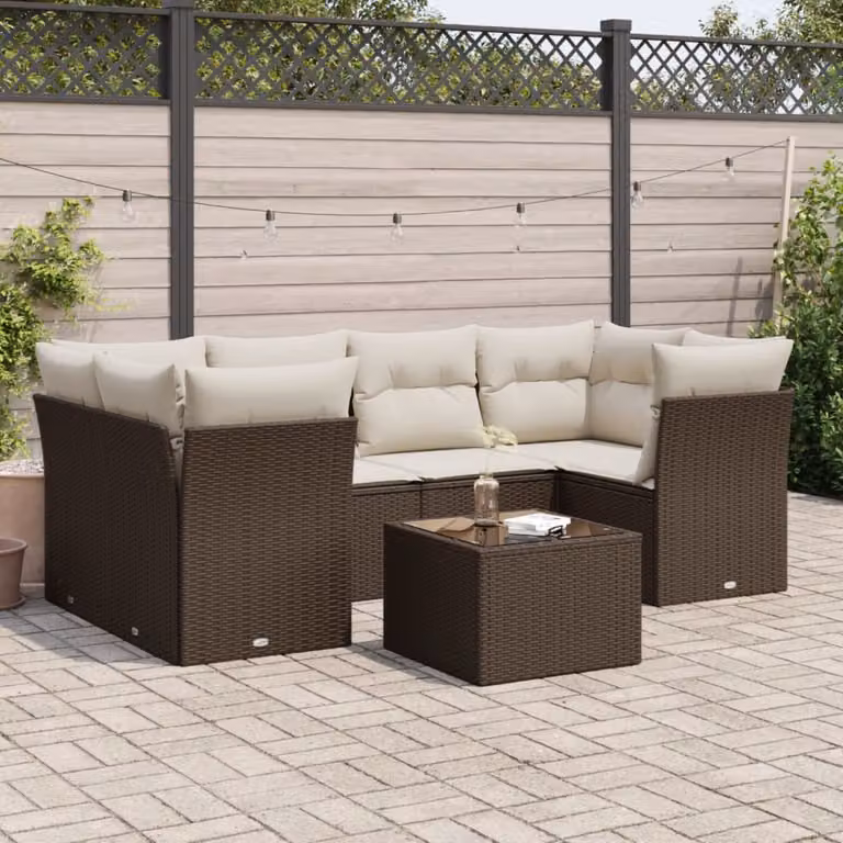 Set di divani da giardino vidaXL in polyrattan marrone con cuscini e tavolino da esterno a forma di L
