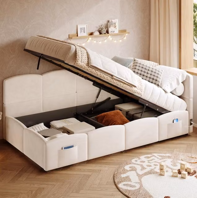 Letto da giorno ULEVR 90x200 cm con contenitore idraulico, USB-A e USB-C, tasche laterali, velluto beige