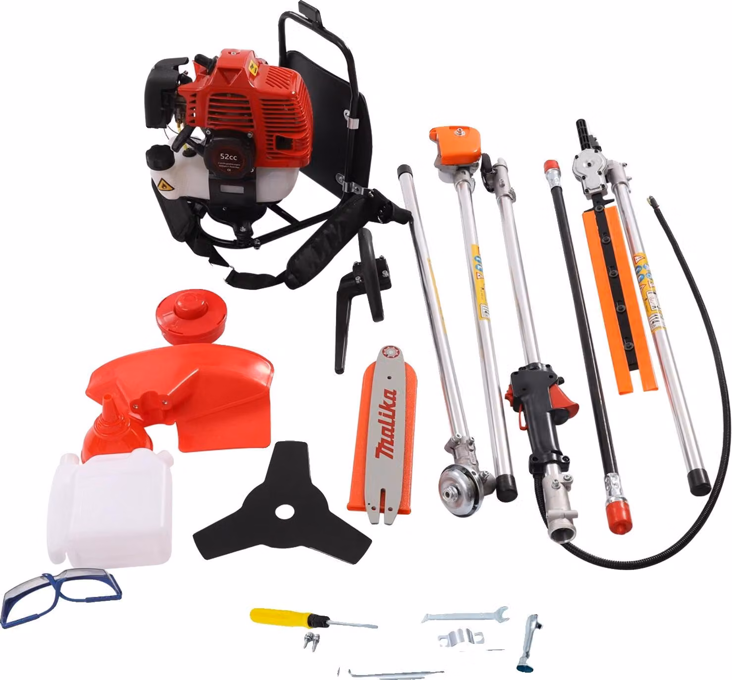Tagliasiepi a batteria, motore da 52 ccm, potenza di 1,7 kW, lunghezza totale di 2,7 metri, realizzato in lega di alluminio, con potatura regolabile
