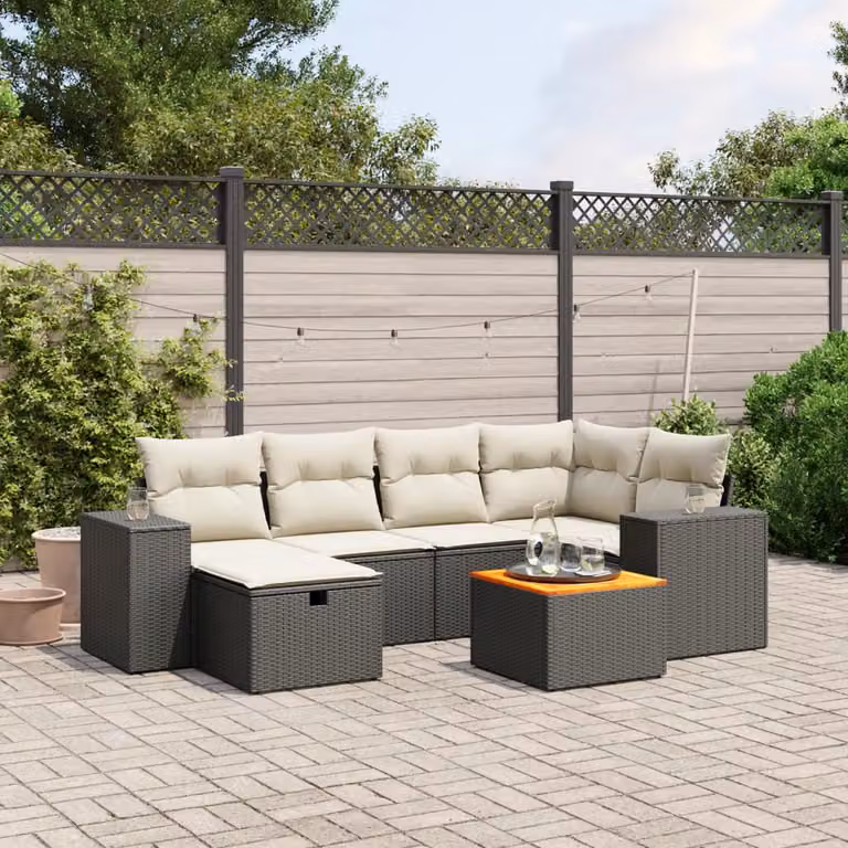 vidaXL Set Divano da Giardino a L con 7 Pezzi, Polyrattan Nero e Bianco con Cuscini Removibili e Tavolino