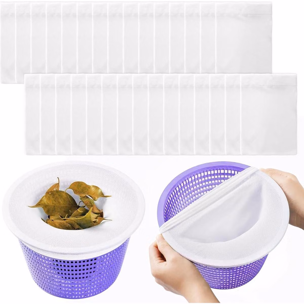 Set di 30 calze filtranti bianche per skimmer, rete filtrante pre-filtro per cestello dello skimmer, calze filtranti riutilizzabili per piscine interrate e piscine fuori terra