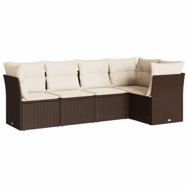 Set Divano da Giardino 5 pz | Set Salotto da Giardino con Cuscini Marrone in Polyrattan
