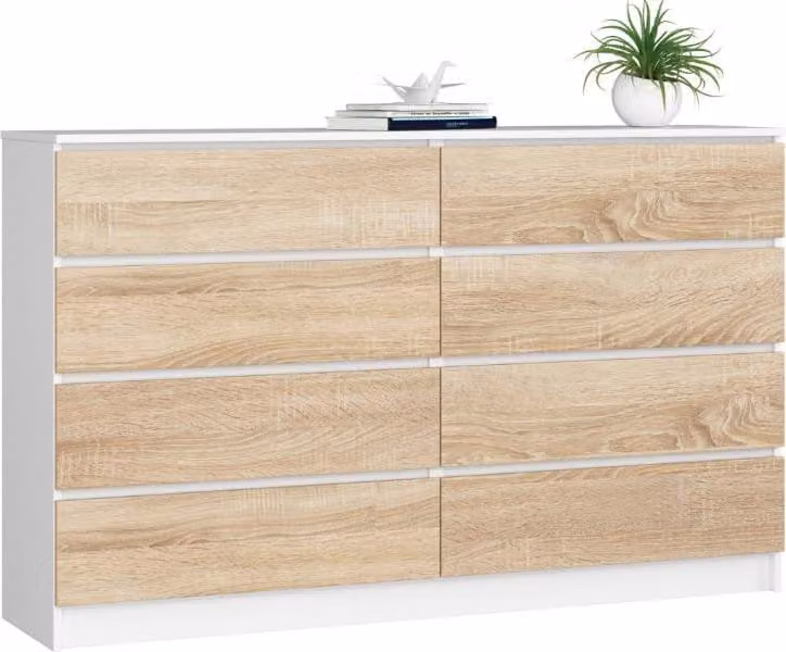 BDW, cassettiera con 8 cassetti, 160x40x99 cm, K160, bianco / rovere Sonoma