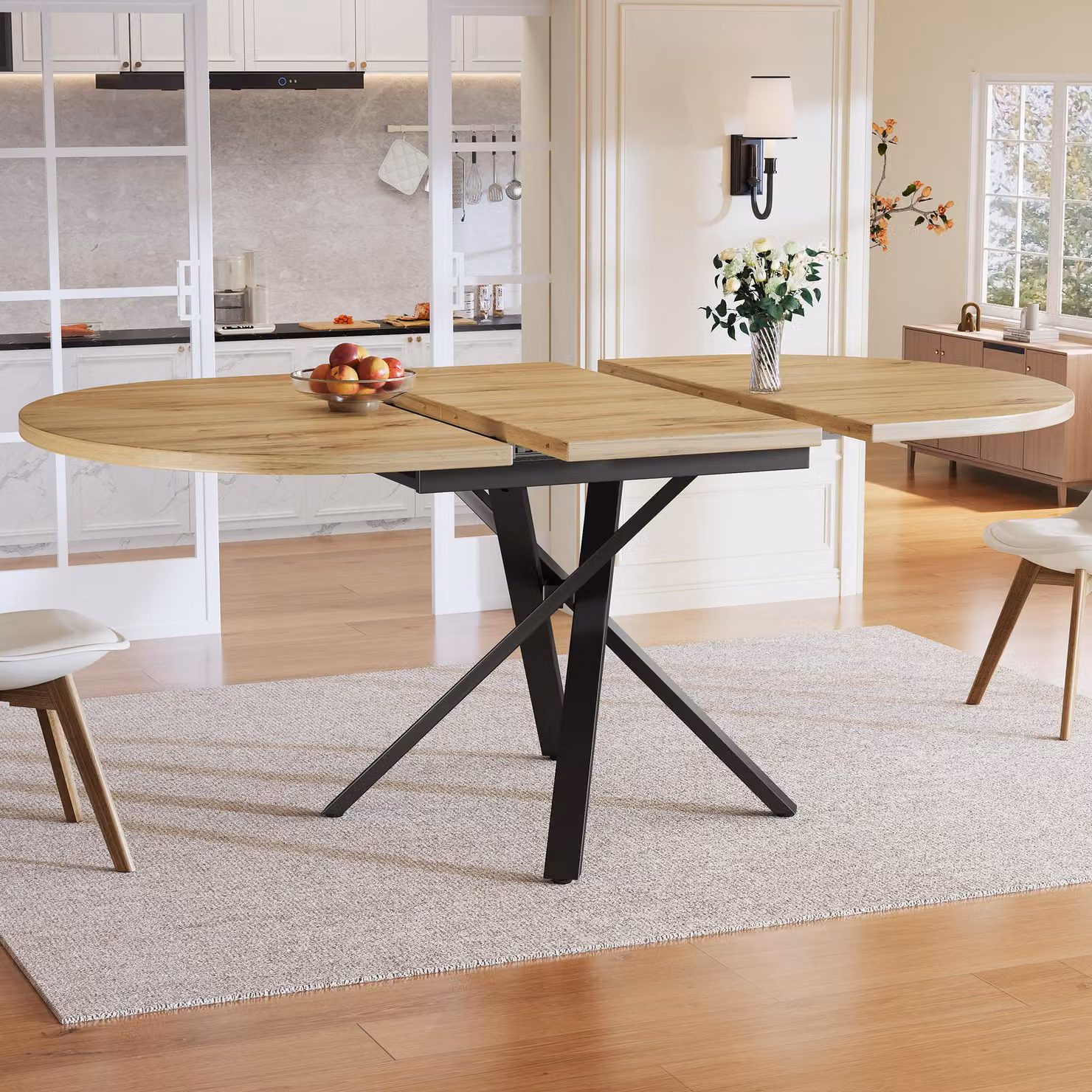 okwish Tavolo da pranzo allungabile con gambe regolabili, forma rotonda/ovale, trasformabile, effetto legno, gambe in metallo, per cucina e sala da pranzo, colore naturale