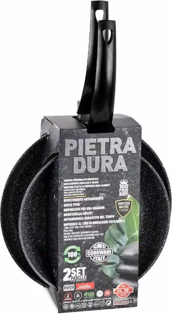 Set di 2 padelle antiaderenti GMD Cookware in pietra dura con rivestimento ceramico e alluminio, colore nero, adatte per induzione, lavabili in lavastoviglie, diametri 22 cm e 26 cm