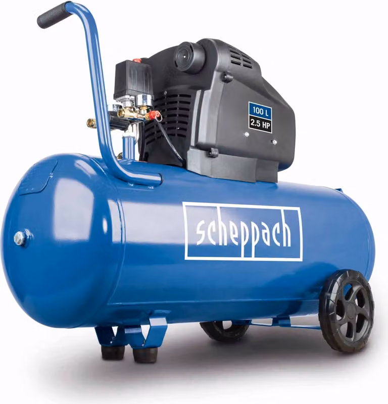 Compressore Scheppach HC105DC per aria compressa | Pressione massima di esercizio 10 bar | Serbatoio da 100 L | Capacità di aspirazione 322 L/min | Privo di olio e antivibrazioni