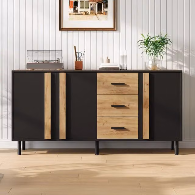 Credenza a tre ante - Mobile contenitore - Mobile da ingresso - In MDF - Con 3 cassetti - Gambe in metallo - Nero + colore legno naturale