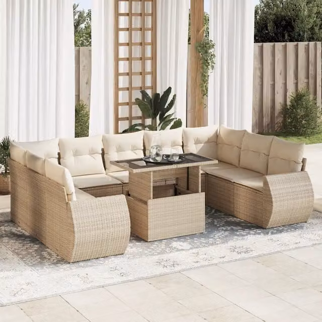 Set Divano da Giardino a L vidaXL in Polyrattan con Cuscini Beige e Tavolino da Esterno – 1