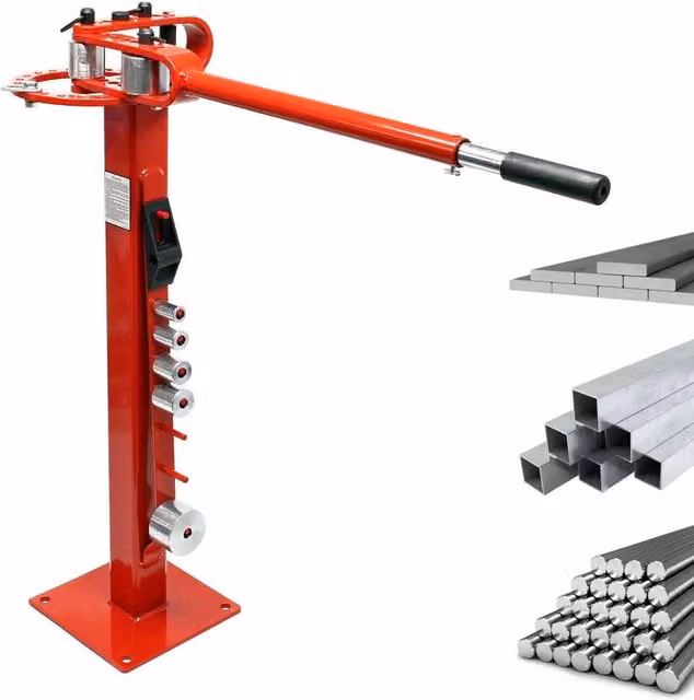 Piegatubi manuale da officina su supporto con pressa per acciaio tondo, quadrato e piatto, colore rosso