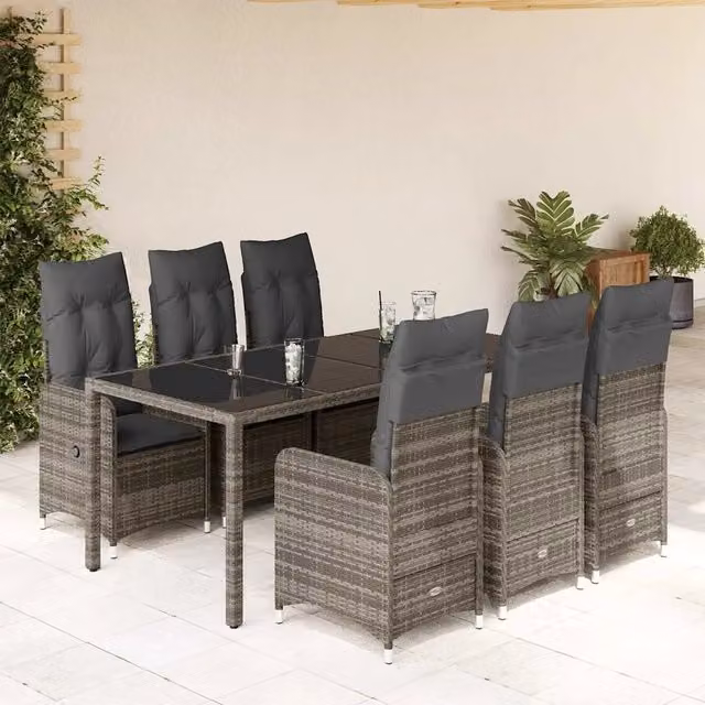 Set Bistrò da Giardino vidaXL 7 pz in Polyrattan e Metallo con Piano in Vetro Grigio – 1