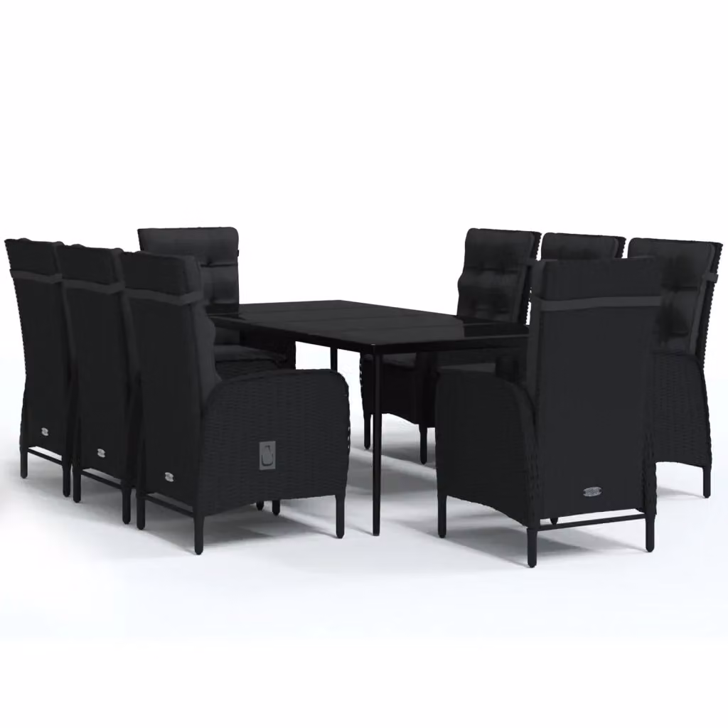 Set da pranzo da giardino vidaXL in polyrattan nero con cuscini e tavolo in vetro, 9 pezzi – 2